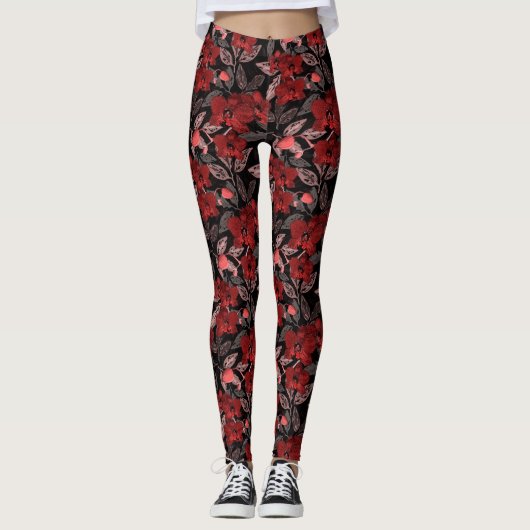 Rode orchideeën op zwart. leggings (Voorkant)
