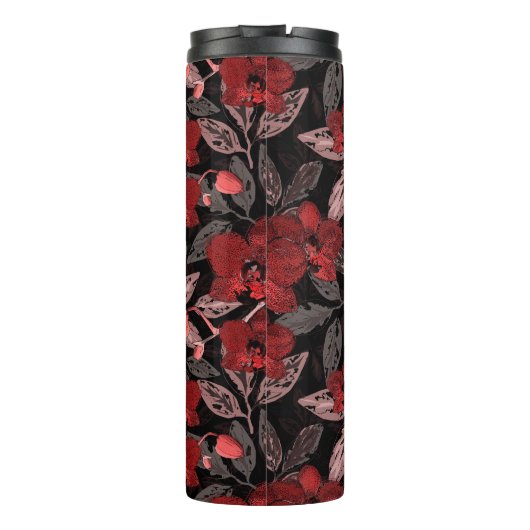 Rode orchideeën op zwart. thermosbeker (Achterkant)