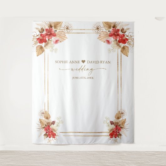 Rode Orchideeën Pampagras Goud Fotohokje Bruiloft  Wandkleed (Voorkant)