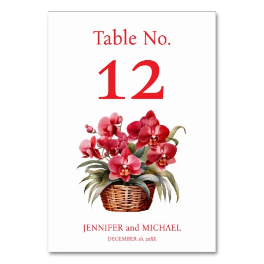 Rode Orchideeën Waterverf Trouwtafel Nummer Kaart (Voorkant)