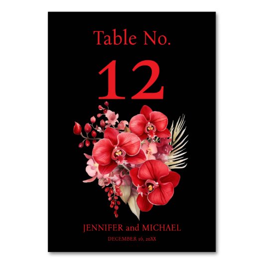 Rode Orchideeën Waterverf Trouwtafel Nummer Kaart (Voorkant)