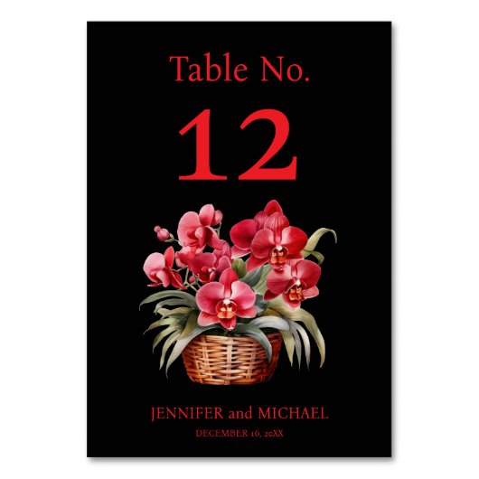 Rode Orchideeën Waterverf Trouwtafel Nummer Kaart (Voorkant)