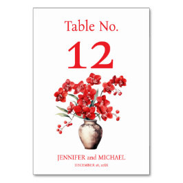 Rode Orchideeën Waterverf Trouwtafel Nummer Kaart