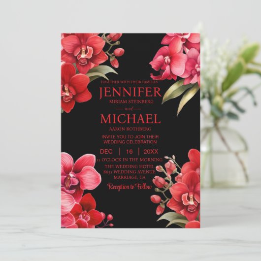 Rode Orchideeën Winter Zomer Huwelijksuitnodiginge Kaart (Staand voorkant)