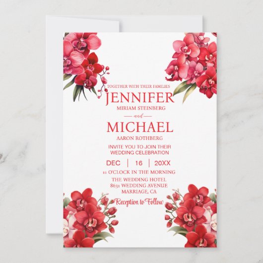 Rode Orchideeën Winter Zomer Huwelijksuitnodiginge Kaart (Voorkant)