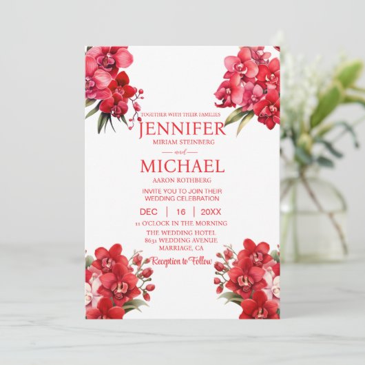 Rode Orchideeën Winter Zomer Huwelijksuitnodiginge Kaart (Staand voorkant)