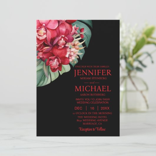 Rode Orchideeën Winter Zomer Huwelijksuitnodiginge Kaart (Staand voorkant)