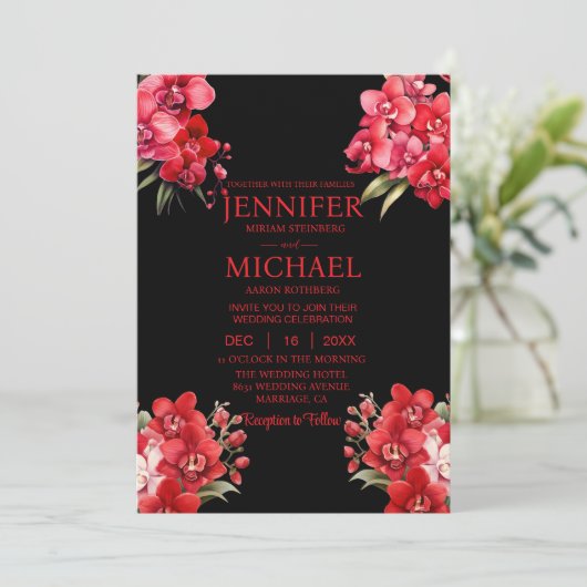 Rode Orchideeën Winter Zomer Huwelijksuitnodiginge Kaart (Staand voorkant)