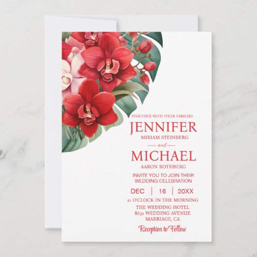 Rode Orchideeën Winter Zomer Huwelijksuitnodiginge Kaart (Voorkant)