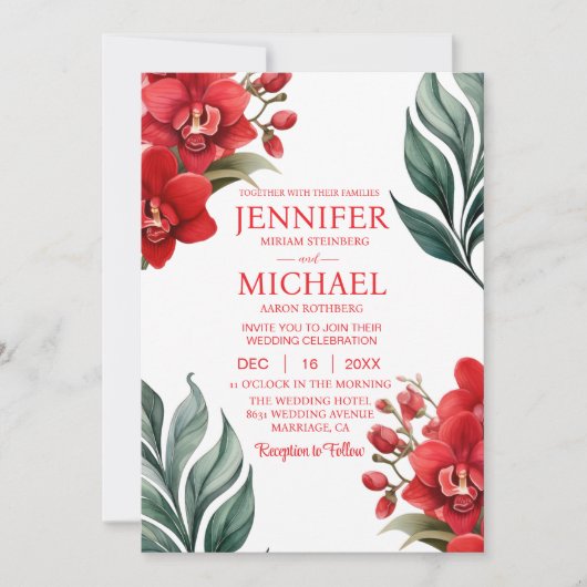 Rode Orchideeën Winter Zomer Huwelijksuitnodiginge Kaart (Voorkant)