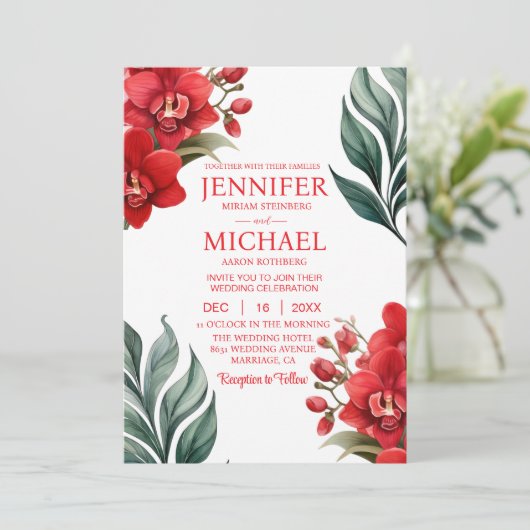Rode Orchideeën Winter Zomer Huwelijksuitnodiginge Kaart (Staand voorkant)