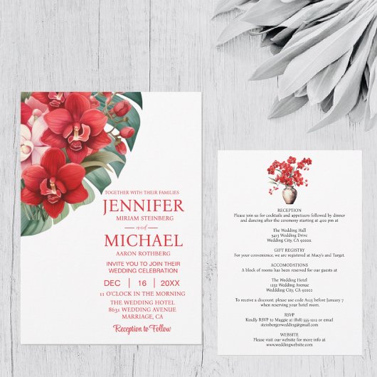 Rode Orchideeën Winter Zomer Huwelijksuitnodiginge Kaart