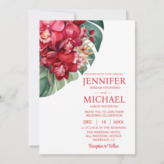 Rode Orchideeën Winter Zomer Huwelijksuitnodiginge Kaart (Voorkant)