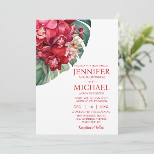 Rode Orchideeën Winter Zomer Huwelijksuitnodiginge Kaart (Staand voorkant)