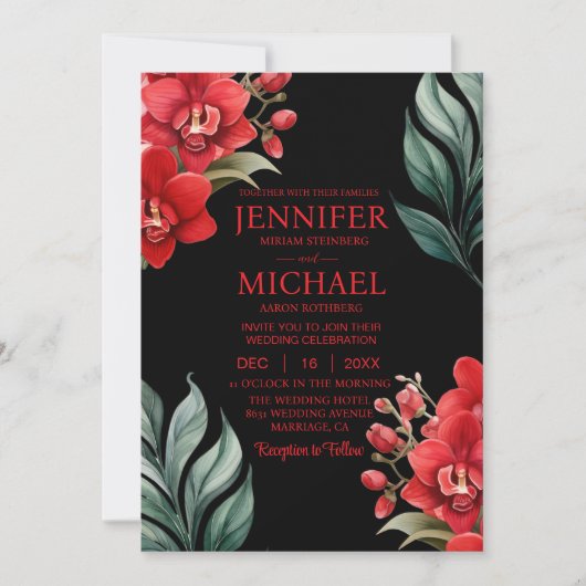 Rode Orchideeën Winter Zomer Huwelijksuitnodiginge Kaart (Voorkant)