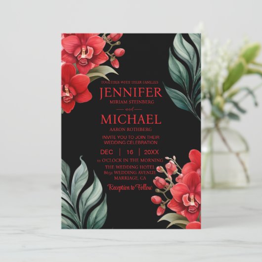 Rode Orchideeën Winter Zomer Huwelijksuitnodiginge Kaart (Staand voorkant)