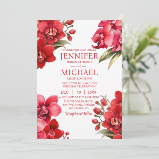 Rode Orchideeën Winter Zomer Huwelijksuitnodiginge Kaart (Staand voorkant)