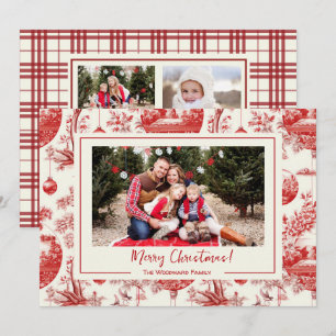 Rode Ornament Toile Kerst Vakantie Fotokaart Feestdagenkaart