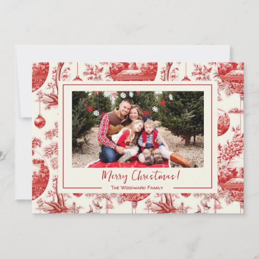 Rode Ornament Toile Kerstvakantie fotokaart Feestdagenkaart (Voorkant)