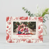 Rode Ornament Toile Kerstvakantie fotokaart Feestdagenkaart (Staand voorkant)