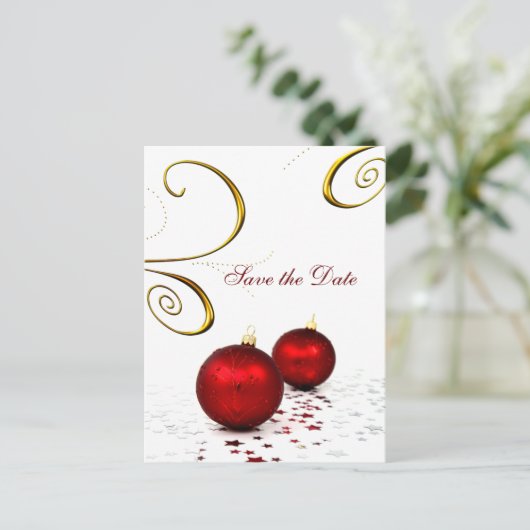 Rode ornament winterbruiloft save the date aankondigingskaart (Staand voorkant)