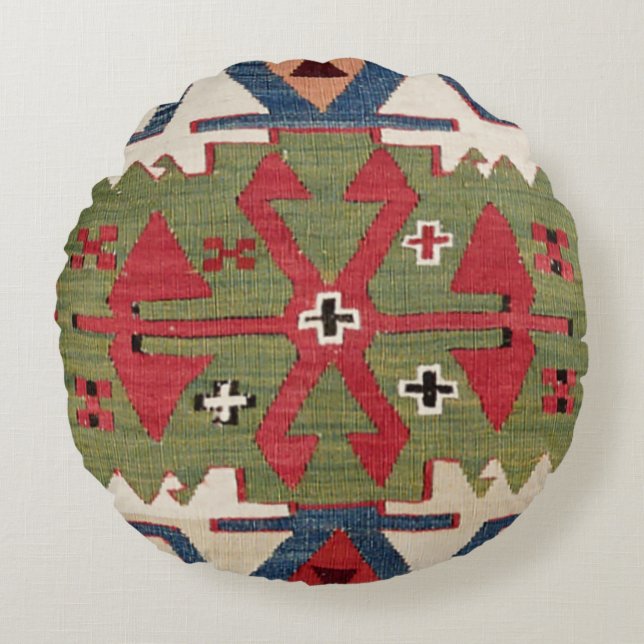 Rode ornamental Motif kleurrijke blauwe ventilator Rond Kussen (Voorkant)