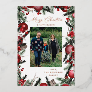 Rode Ornamenten & Dennengekkerde Kerst Foto Folie Uitnodiging