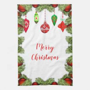 Rode Ornamenten Kerst Keuken Retro Vakantie Theedoek