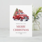 Rode oude vrachtwagen open haard feestdagenkaart (Staand voorkant)