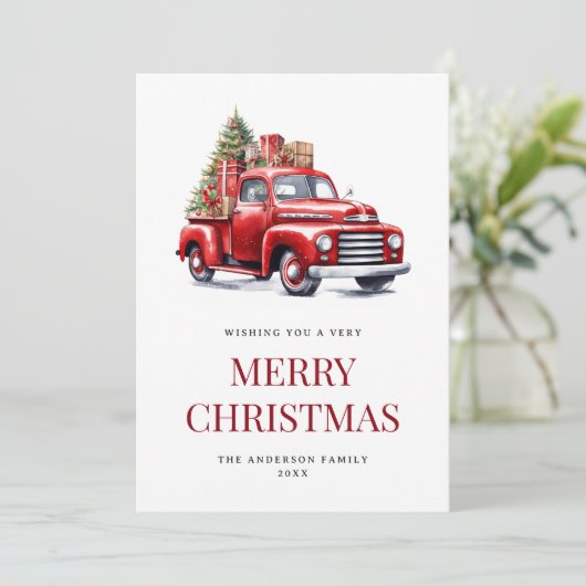 Rode oude vrachtwagen open haard feestdagenkaart (Staand voorkant)