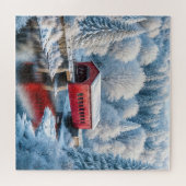 Rode overdekte brug in het winterbos legpuzzel (Horizontaal)