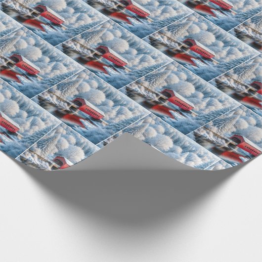 Rode overdekte kerstbrug in het winterbos cadeaupapier (Hoek)