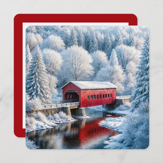Rode overdekte kerstbrug in het winterbos feestdagenkaart (Voorkant / Achterkant)