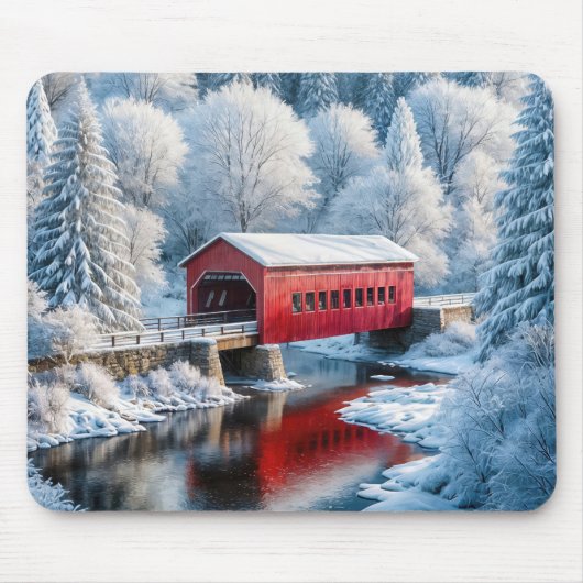 Rode overdekte kerstbrug in het winterbos muismat (Voorkant)