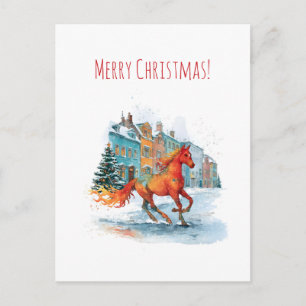 Rode paard galopperend door een besneeuwde, kerst- feestdagenkaart