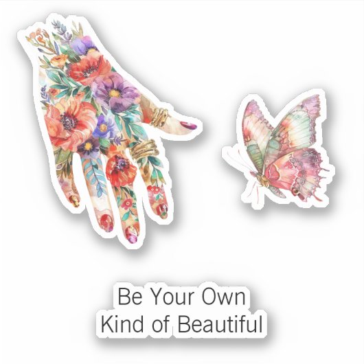 Rode Paarse Bloem Tuin Hand Vlinder Sticker (Voorkant)