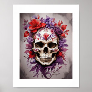 Rode & Paarse Bloemen Schedel Halloween Wall Art Poster