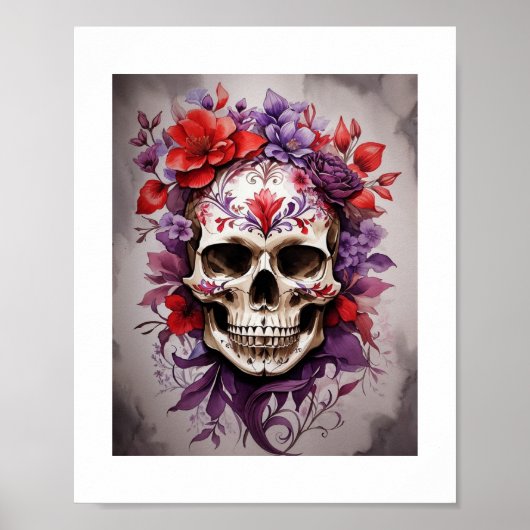 Rode & Paarse Bloemen Schedel Halloween Wall Art Poster (Voorkant)