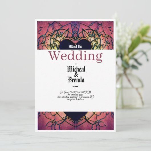 Rode, paarse bruiloft uitnodiging (Staand voorkant)