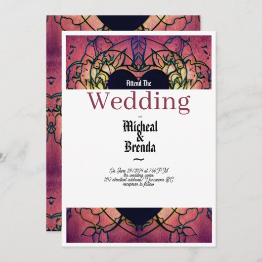 Rode, paarse bruiloft uitnodiging (Voorkant / Achterkant)