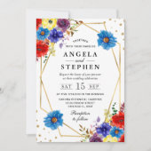 Rode, Paarse en blauwe zomerbloemen Lijst bruiloft Kaart (Voorkant)