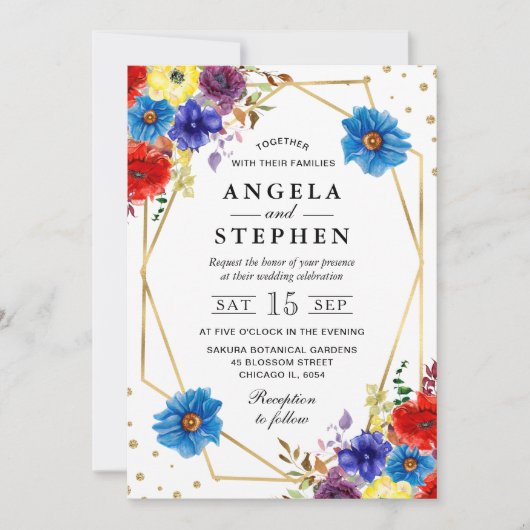 Rode, Paarse en blauwe zomerbloemen Lijst bruiloft Kaart (Voorkant)