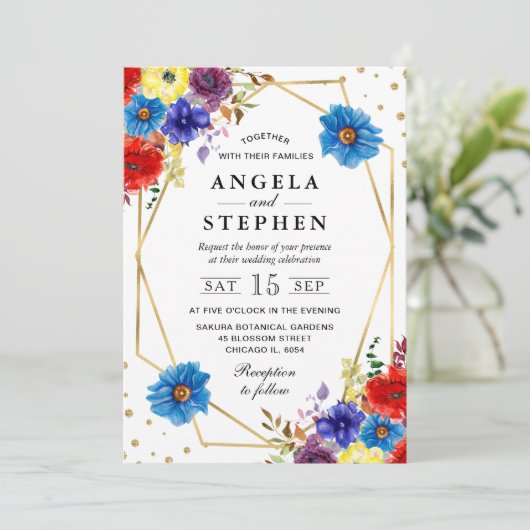 Rode, Paarse en blauwe zomerbloemen Lijst bruiloft Kaart (Staand voorkant)