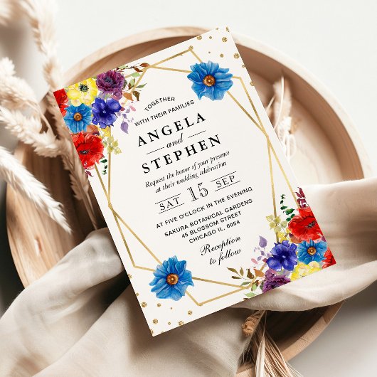 Rode, Paarse en blauwe zomerbloemen Lijst bruiloft Kaart