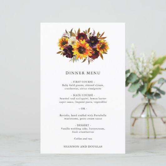 Rode Paarse Herfst Rozen Sunflower Wedding Menu (Staand voorkant)