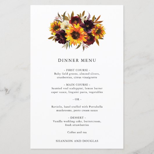 Rode Paarse Herfst Rozen Sunflower Wedding Menu (Voorkant)