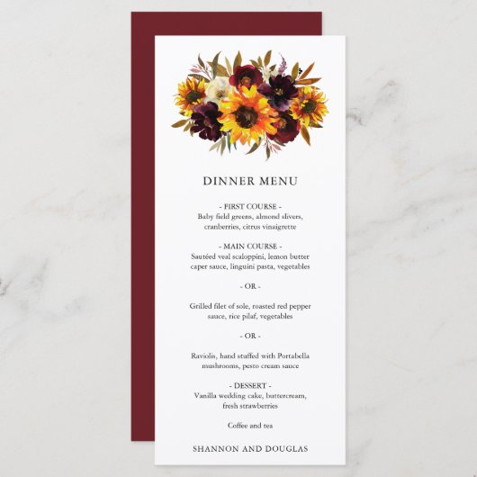 Rode Paarse Herfst Rozen Zonnebloem Rustige bruilo Menu (Voorkant / Achterkant)