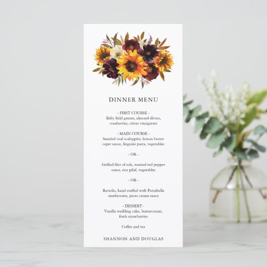 Rode Paarse Herfst Rozen Zonnebloem Rustige bruilo Menu (Staand voorkant)