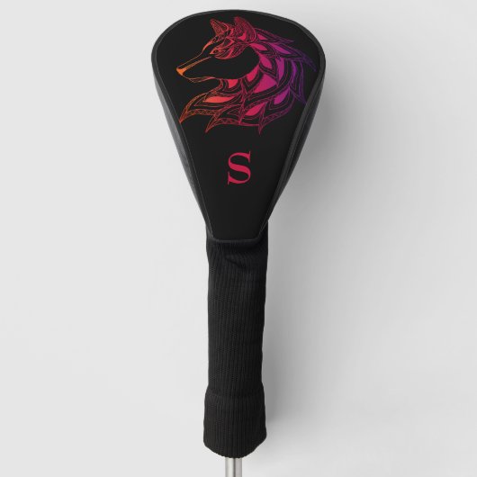Rode & Paarse Ingewikkelde Wolfkop Monogram Initia Golfheadcover (Voorkant)