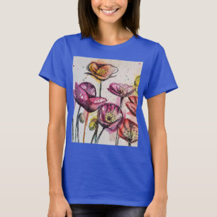 Rode Paarse Roze Klaproos bloemig Watercolor kunst T-shirt